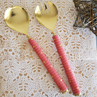 Gold and Pink Salad Server Set - Spoon and Fork - Brass handles - Hand Applied Decal - Gift Box Ready