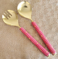 Gold and Pink Salad Server Set - Spoon and Fork - Brass handles - Hand Applied Decal - Gift Box Ready