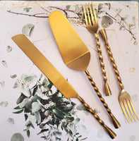 Personalized Wedding Cake Knife, Server and Fork Set -  Gold Wedding Cake Knife set with Cake Forks - Custom Wedding Cake Shovel & Cake Fork