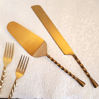 Personalized Wedding Cake Knife, Server and Fork Set -  Gold Wedding Cake Knife set with Cake Forks - Custom Wedding Cake Shovel & Cake Fork