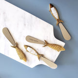Personalized Mother of Pearl Cheese Knives Set - 4 piece Brass Fish Spreader Set - Laser Engraved Hand carved Butter Knives - Gift Boxed