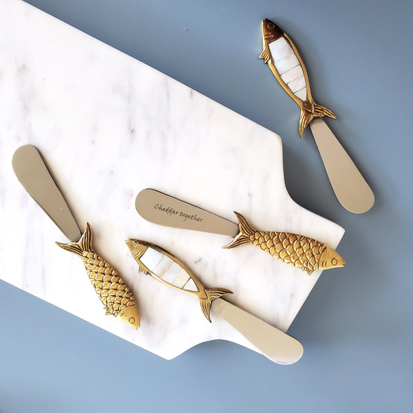 Personalized Mother of Pearl Cheese Knives Set - 4 piece Brass Fish Spreader Set - Laser Engraved Hand carved Butter Knives - Gift Boxed