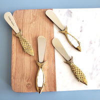 Personalized Mother of Pearl Cheese Knives Set - 4 piece Brass Fish Spreader Set - Laser Engraved Hand carved Butter Knives - Gift Boxed