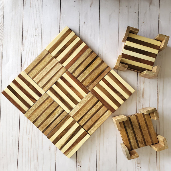6 Wooden Coaster Set with Stand - Dual Tone design - Housewarming Gift - Wood Pattern Coaster Set - Wedding Favors Coasters