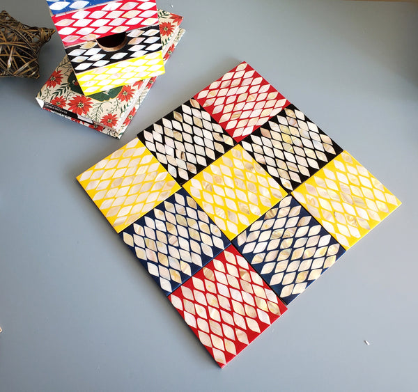 6 Wooden Coasters Set with Holder - Mother of Pearl Inlay Coasters - Multi Color Wooden Coaster Set - Square Wood Coasters with Stand