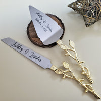 Gold Wedding Cake Knife - Personalized Wedding Cake Cutter - Engraved Cake Server Set - Custom Wedding Gift - Rustic Cake Server and Knife