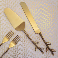 Gold Wedding Cake Knife - Personalized Wedding Cake Cutter - Cake Fork Set - Mother of Pearl Inlay on Handles - Gold Cake Knife Set & Forks