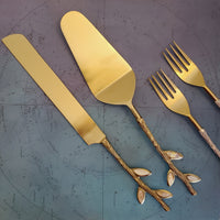 Gold Wedding Cake Knife - Personalized Wedding Cake Cutter - Cake Fork Set - Mother of Pearl Inlay on Handles - Gold Cake Knife Set & Forks