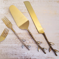 Gold Wedding Cake Knife - Personalized Wedding Cake Cutter - Cake Fork Set - Mother of Pearl Inlay on Handles - Gold Cake Knife Set & Forks