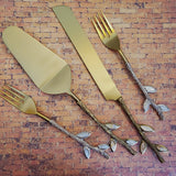 Gold Wedding Cake Knife - Personalized Wedding Cake Cutter - Cake Fork Set - Mother of Pearl Inlay on Handles - Gold Cake Knife Set & Forks
