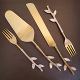 Gold Wedding Cake Knife - Personalized Wedding Cake Cutter - Cake Fork Set - Mother of Pearl Inlay on Handles - Gold Cake Knife Set & Forks