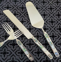 Wedding Cake Knife - Personalized Wedding Cake Cutter - Cake Fork Set-Mother of Pearl, Abalone Inlay on Handles - Cake Knife Set & Forks