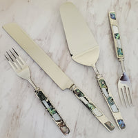 Wedding Cake Knife - Personalized Wedding Cake Cutter - Cake Fork Set-Mother of Pearl, Abalone Inlay on Handles - Cake Knife Set & Forks