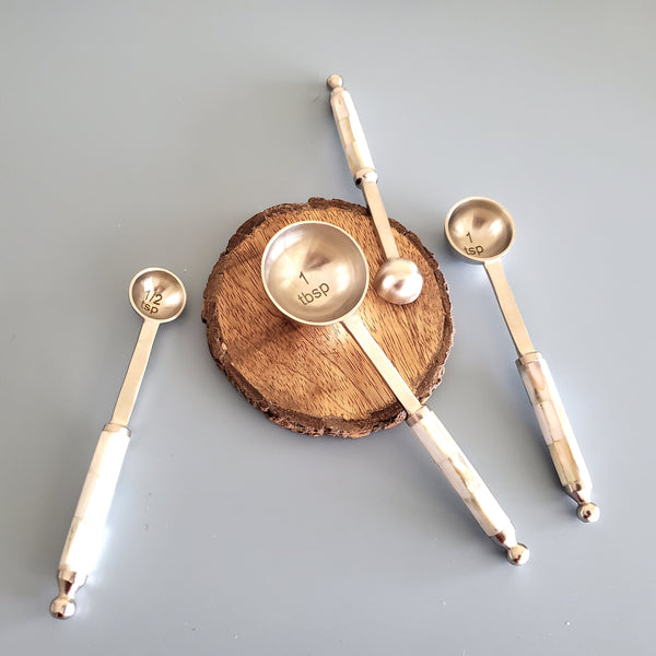Mother of Pearl Measuring Spoons Set - Matte Silver Finish with MOP inlay handles - 1 Table spoon to 1/4 Tea Spoon - Handmade Gift Boxed