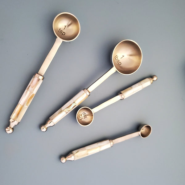 Wood and Steel Measuring Spoons Set - Matte Silver Finish with