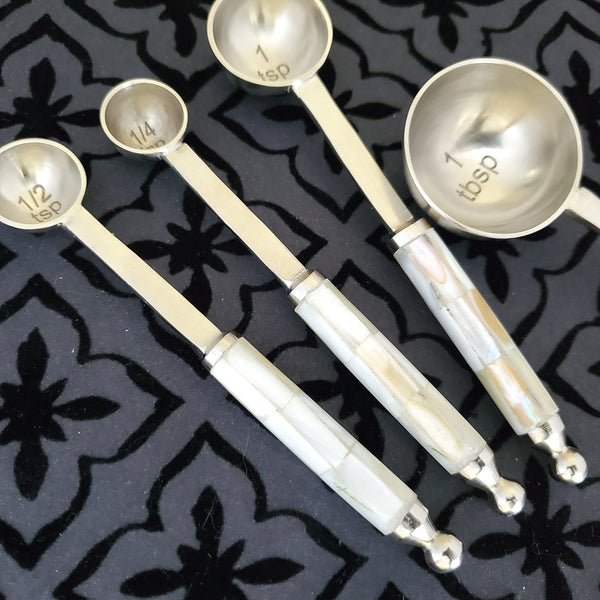 Mother of Pearl Measuring Spoons Set Matte Silver Finish With MOP Inlay  Handles 1 Table Spoon to 1/4 Tea Spoon Handmade Gift Boxed 