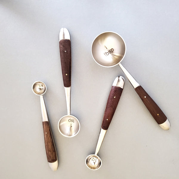 Wood and Steel Measuring Spoons Set Matte Silver Finish With Wooden Inlay  Handles 1 Table Spoon to 1/4 Tea Spoon Handmade Gift Boxed 