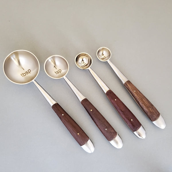 Wood and Steel Measuring Spoons Set Matte Silver Finish With Wooden Inlay  Handles 1 Table Spoon to 1/4 Tea Spoon Handmade Gift Boxed 