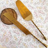Personalized Wedding Cake Knife, Server and Fork Set -  Gold Wedding Cake Knife set with Cake Forks - Custom Wedding Cake Shovel & Cake Fork