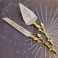 Gold Wedding Cake Knife - Personalized Wedding Cake Cutter - Engraved Cake Server Set - Custom Wedding Gift - Rustic Cake Server and Knife