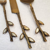 Gold Wedding Cake Knife - Personalized Wedding Cake Cutter - Cake Fork Set - Mother of Pearl Inlay on Handles-Antique Gold Finish Cake Knife