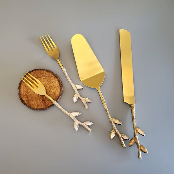Gold Wedding Cake Knife - Personalized Wedding Cake Cutter - Cake Fork Set - Mother of Pearl Inlay on Handles - Gold Cake Knife Set & Forks