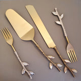 Gold Wedding Cake Knife - Personalized Wedding Cake Cutter - Cake Fork Set - Mother of Pearl Inlay on Handles - Gold Cake Knife Set & Forks