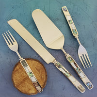Wedding Cake Knife - Personalized Wedding Cake Cutter - Cake Fork Set-Mother of Pearl, Abalone Inlay on Handles - Cake Knife Set & Forks