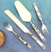 Wedding Cake Knife - Personalized Wedding Cake Cutter - Cake Fork Set-Mother of Pearl, Abalone Inlay on Handles - Cake Knife Set & Forks