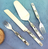 Wedding Cake Knife - Personalized Wedding Cake Cutter - Cake Fork Set-Mother of Pearl, Abalone Inlay on Handles - Cake Knife Set & Forks