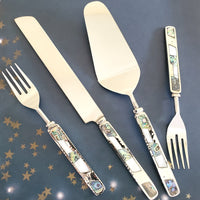 Wedding Cake Knife - Personalized Wedding Cake Cutter - Cake Fork Set-Mother of Pearl, Abalone Inlay on Handles - Cake Knife Set & Forks