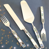 Wedding Cake Knife - Personalized Wedding Cake Cutter - Cake Fork Set-Mother of Pearl, Abalone Inlay on Handles - Cake Knife Set & Forks