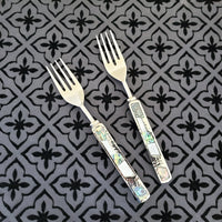 Wedding Cake Knife - Personalized Wedding Cake Cutter - Cake Fork Set-Mother of Pearl, Abalone Inlay on Handles - Cake Knife Set & Forks