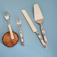 Wedding Cake Knife - Personalized Wedding Cake Cutter - Cake Fork Set-Mother of Pearl, Abalone Inlay on Handles - Cake Knife Set & Forks