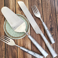 Custom Wedding Cake Knife - Personalized Wedding Cake Cutter - Cake Fork Set-Mother of Pearl Inlay on Handles - Cake Knife Set & Forks
