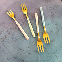 4 Piece Gold Cake Fork Set - Pastel Colors Enameled Hand Painted Handles - Artisan Handmade - Housewarming Gift - Gift Box