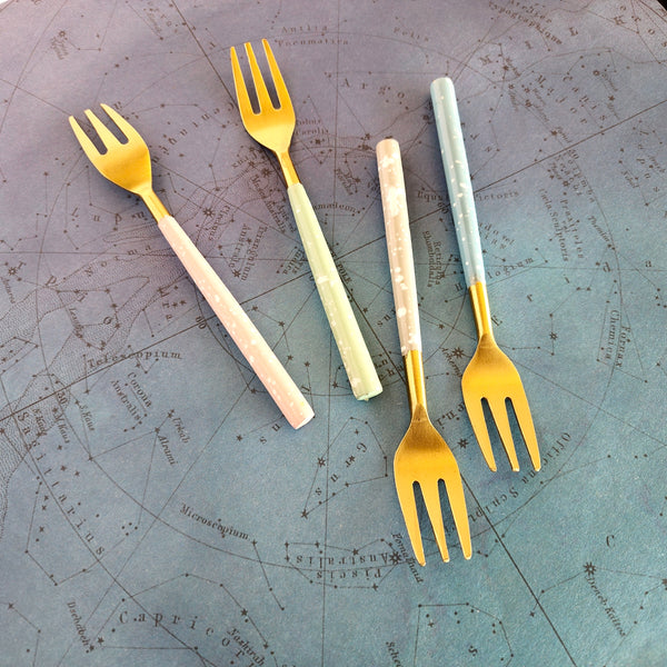 4 Piece Gold Cake Fork Set - Pastel Colors Enameled Hand Painted Handles - Artisan Handmade - Housewarming Gift - Gift Box