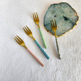 4 Piece Gold Cake Fork Set - Pastel Colors Enameled Hand Painted Handles - Artisan Handmade - Housewarming Gift - Gift Box