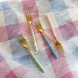 4 Piece Gold Cake Fork Set - Pastel Colors Enameled Hand Painted Handles - Artisan Handmade - Housewarming Gift - Gift Box