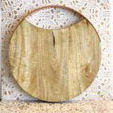 Wood Charcuterie Board - Rose Gold handle Cheese Board - Cheese Platter with Hammered Finish Handles - Circular Cheese Board with handle