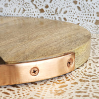 Wood Charcuterie Board - Rose Gold handle Cheese Board - Cheese Platter with Hammered Finish Handles - Circular Cheese Board with handle