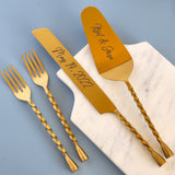 Personalized Wedding Cake Knife, Server and Fork Set -  Gold Wedding Cake Knife set with Cake Forks - Custom Wedding Cake Shovel & Cake Fork