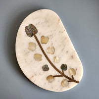 Marble Charcuterie Board - Serving Platter with Abalone shell and Mother-of-pearl inlay - Personalized Brass Cheese Knives with MOP inlay