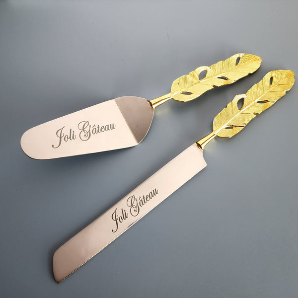 Personalized Gold Wedding Cake Knife and Server Set - Custom Cake Knife and Cake Shovel Set - Artisan Handmade Dessert Set -Gold Cake Server