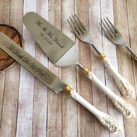 Personalized Wedding Cake Knife, Server and Fork Set -  White Wedding Cake Knife set with Gold Distressing - Wedding Cake Shovel & Cake Fork
