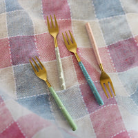 4 Piece Gold Cake Fork Set - Pastel Colors Enameled Hand Painted Handles - Artisan Handmade - Housewarming Gift - Gift Box