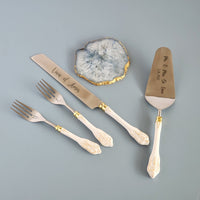 Personalized Wedding Cake Knife, Server and Fork Set -  White Wedding Cake Knife set with Gold Distressing - Wedding Cake Shovel & Cake Fork