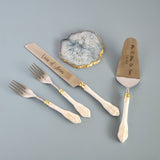 Personalized Wedding Cake Knife, Server and Fork Set -  White Wedding Cake Knife set with Gold Distressing - Wedding Cake Shovel & Cake Fork