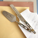 Gold Wedding Cake Knife - Personalized Wedding Cake Cutter - Cake Fork Set-Mother of Pearl, Abalone Inlay on Handles-Cake Knife Set & Forks