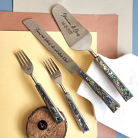 Personalized Wedding Cake Knife, Server and Fork Set -  Mother of Pearl Wedding Cake Knife set-Abalone Shell Wedding Cake Shovel & Cake Fork